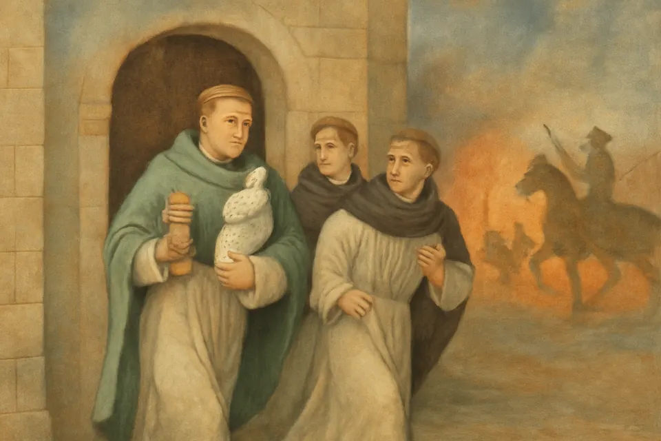 Fresco-style scene of a Dominican friar in vestments hurrying out of a burning church in Kiev, carrying a ciborium and a statue of Mary