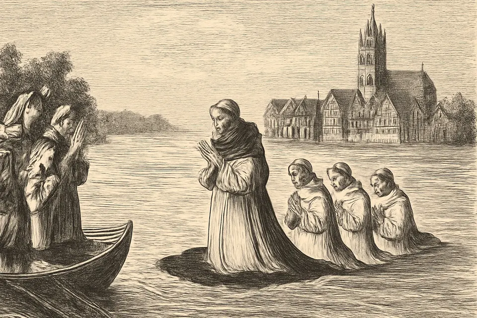 Engraving-style scene of St. Hyacinth and three friars crossing the wide Vistula River on his spread black cloak while townspeople watch from the bank
