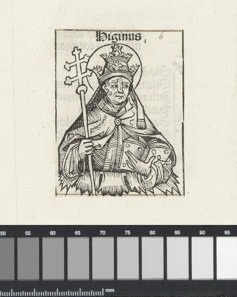 Small woodcut of a pope in a tiara holding an open book and a staff with a double cross, rising from a flower cup, labeled Higinus