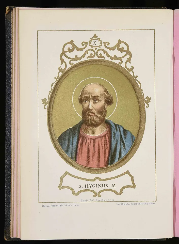 Color lithograph in an open book of a bearded saint with a halo, in a red tunic and blue mantle, framed in a gold oval labeled S. Hyginus M.