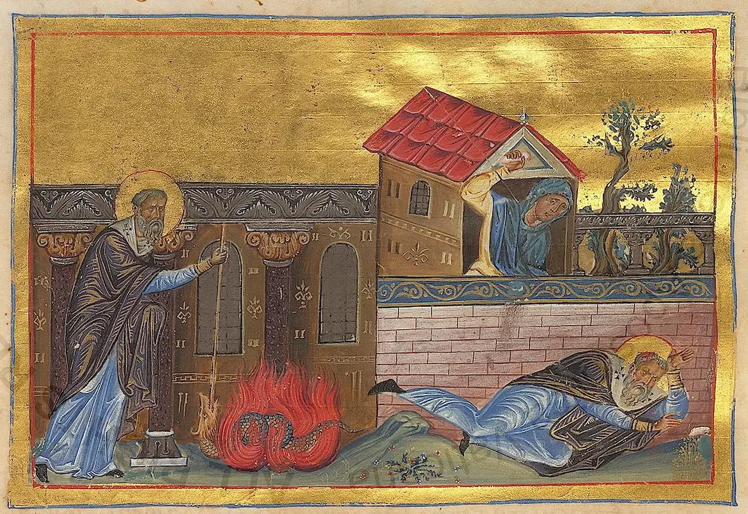 A Byzantine manuscript painting on a gold ground, with a haloed bishop standing beside a blazing fire and another haloed figure lying on the ground below a small house