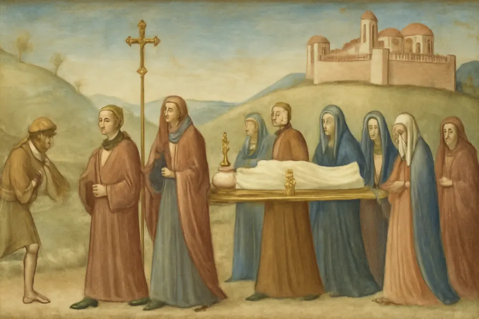 Fresco-style scene of the people of Gangra carrying their bishop's shrouded body home in procession with candles and a cross