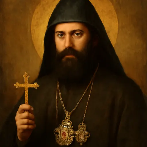Oil-painting-style portrait of St. Ignatius Maloyan as an Armenian Catholic archbishop with a full dark beard, a dark pointed hood and a pectoral cross