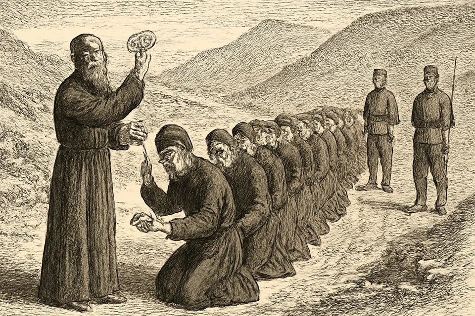 Engraving-style scene of Archbishop Maloyan blessing pieces of bread and giving them as Communion to a line of chained Christian prisoners on a desert road