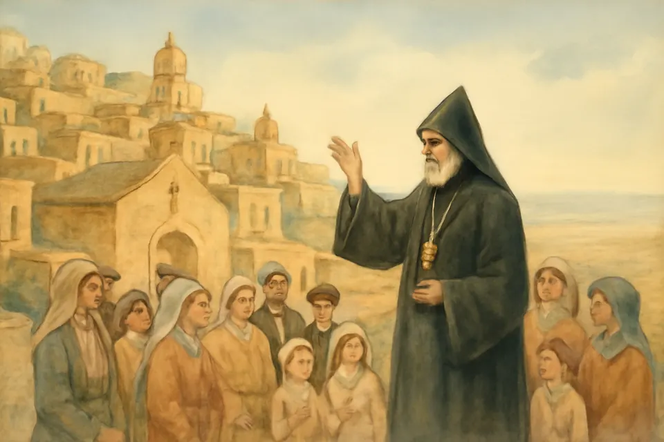 Watercolor-style scene of an Armenian Catholic archbishop blessing his people outside a stone church in an old hill town
