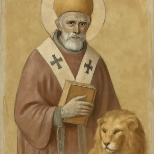 Icon-style portrait of St. Ignatius of Antioch as an elderly bishop with a white beard, in a white stole with black crosses, holding a closed book, with a lion at his side