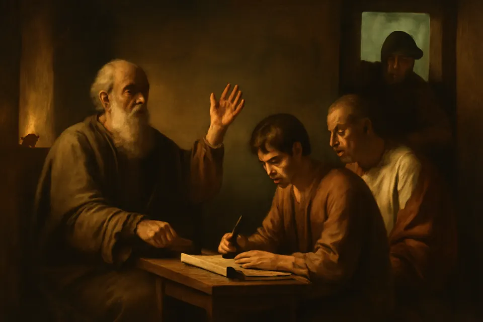 Illustration of the chained bishop Ignatius dictating a letter in Smyrna while his friend Polycarp and a scribe listen