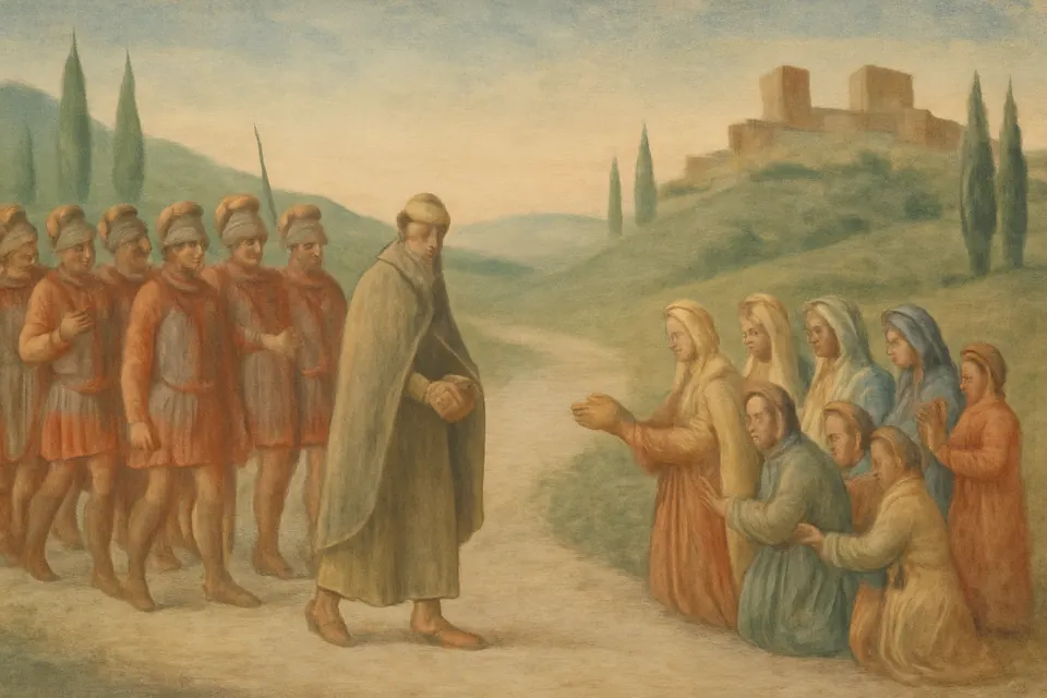 Illustration of Ignatius in chains on a road in Asia Minor, guarded by ten Roman soldiers as local Christians come out to greet him