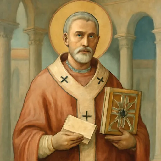 Fresco-style portrait of Pope St. Innocent I, a gray-bearded bishop of Rome in a white pallium and red chasuble holding a letter and a book