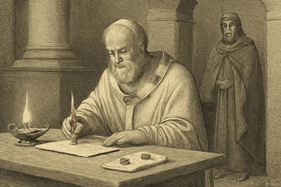 Engraving-style scene of a pope at a table writing a letter on parchment by lamplight, a messenger in a traveling cloak waiting at the door