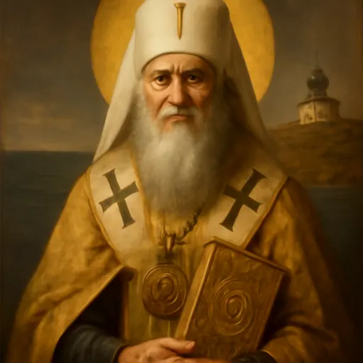 Oil-painting-style portrait of St. Innocent of Alaska as an elderly Russian Orthodox metropolitan with a long white beard, in a white klobuk and gold vestments, holding a Gospel book
