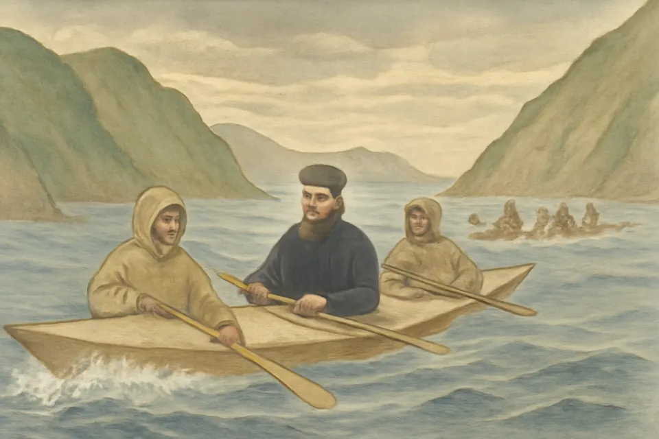 Watercolor-style scene of a Russian priest riding in the middle hatch of a three-man Aleut skin kayak between green island cliffs