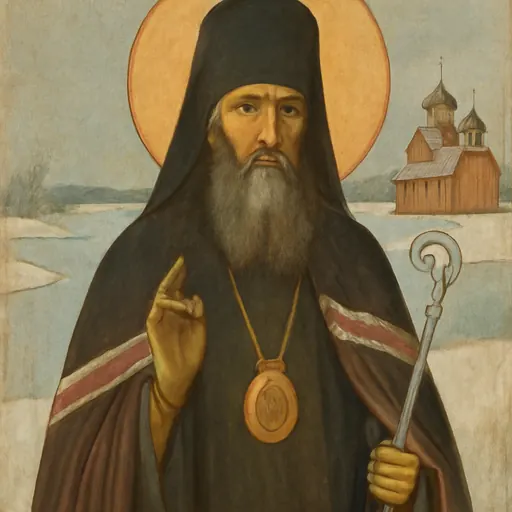 Watercolor-style portrait of St. Innocent of Irkutsk, a Russian Orthodox bishop with a gray beard in a black klobuk and dark mantle with red stripes, blessing with his right hand