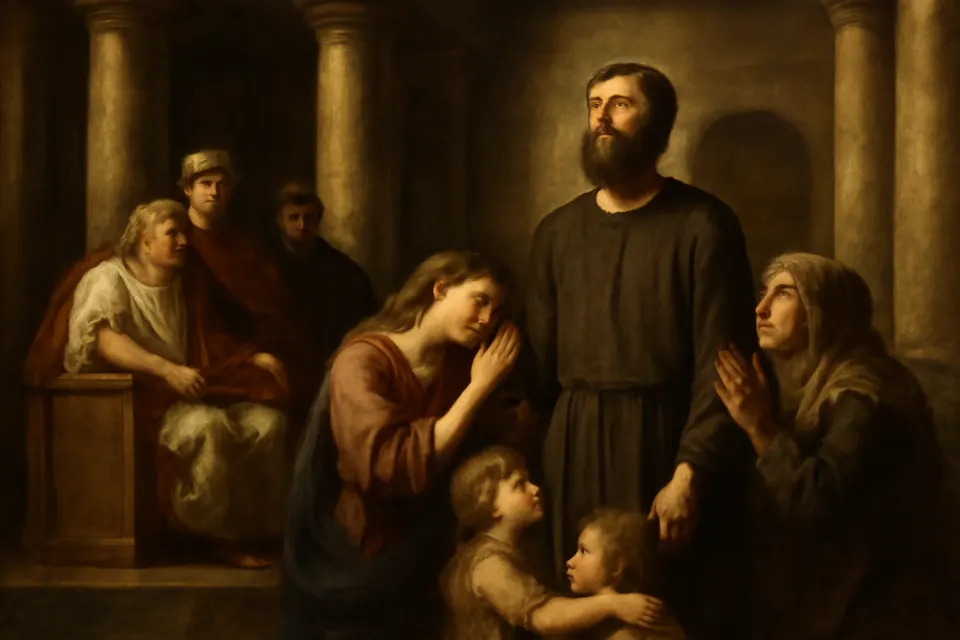 Oil-painting-style scene of a bishop standing firm before a Roman governor while his weeping wife, mother and small children cling to him and plead