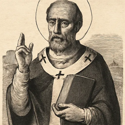 Oil-painting-style portrait of St. Irenaeus as a gray-bearded early Christian bishop in a white pallium with a book under his arm