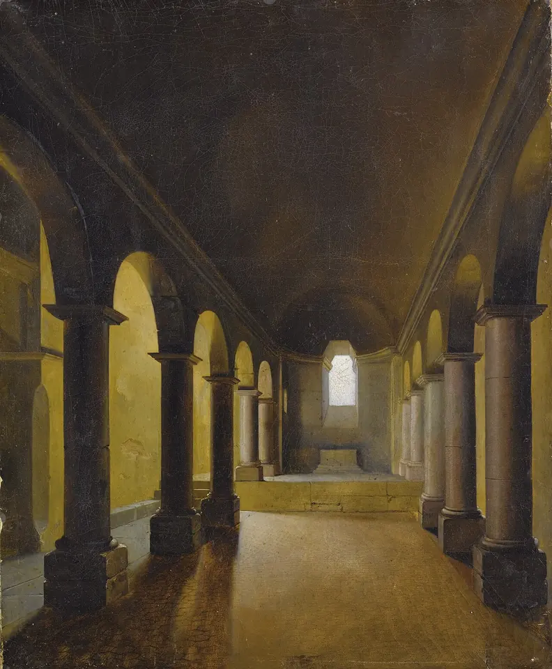 Painting of a dim vaulted crypt with rows of round arches on dark columns, leading to a small lit window at the far end