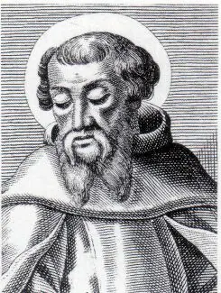 Engraving of a bearded saint with a halo, his eyes lowered, wearing a cloak, shown from the chest up