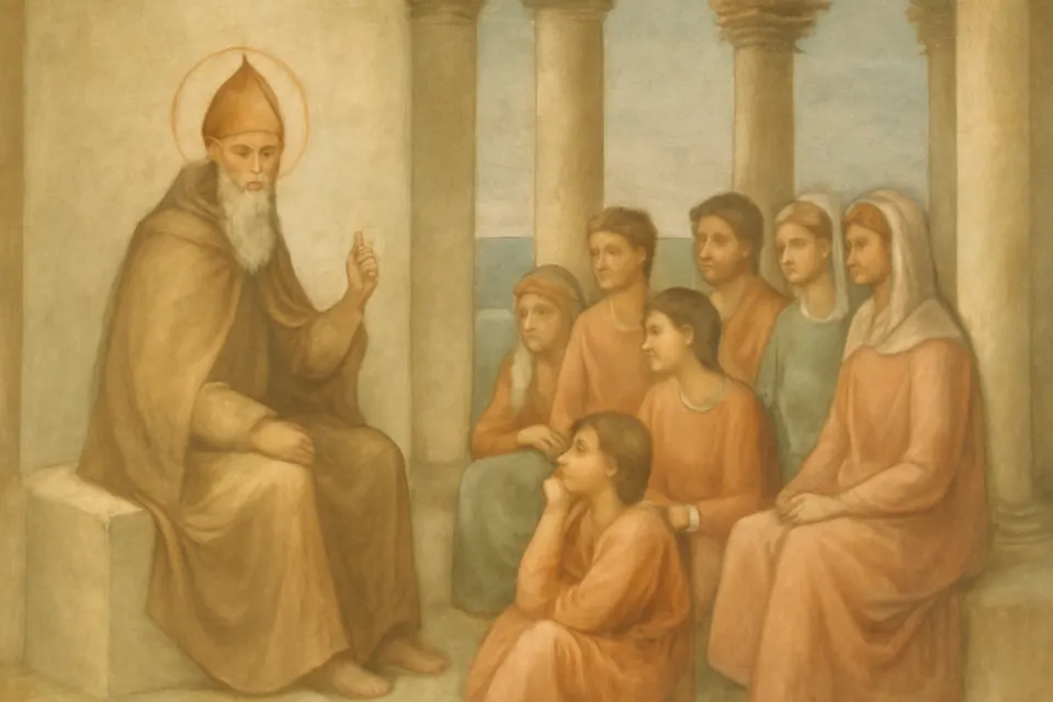 Illustration of a boy sitting among listeners as an aged bishop teaches in a courtyard in ancient Smyrna