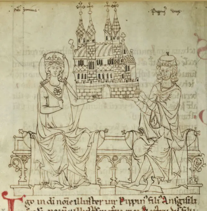 Medieval pen drawing of a crowned woman and a seated man together holding up a large model of a church with towers, above lines of Latin text with a red initial