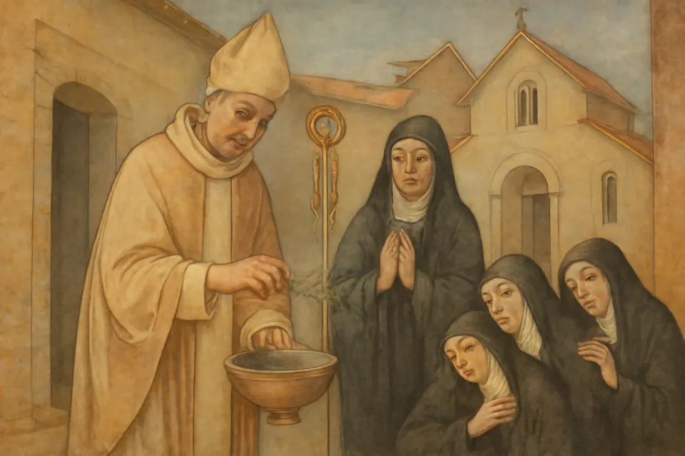 Fresco-style scene of a bishop sprinkling holy water in the cloister of a convent while nuns kneel and pray during a plague