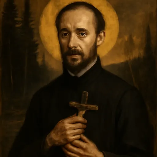Oil-painting-style portrait of St. Isaac Jogues as a Jesuit priest in a black cassock, holding a small crucifix in his scarred hands, with a forest behind him
