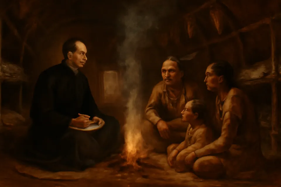 Illustration of John de Brébeuf learning the Wendat language from elders inside a bark longhouse