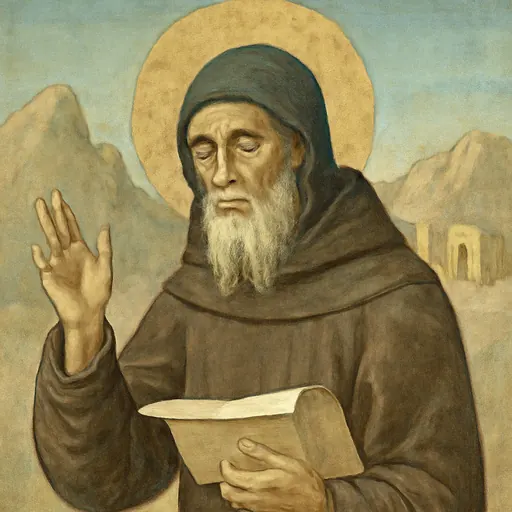 Fresco-style portrait of St. Isaac the Syrian as an aged hermit with a long white beard and a dark hooded habit, holding an open scroll before a desert mountainside