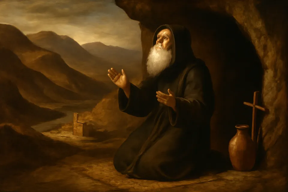 Oil-painting-style scene of a very old hermit with a long white beard kneeling in prayer at the mouth of a cave cell in dry brown mountains
