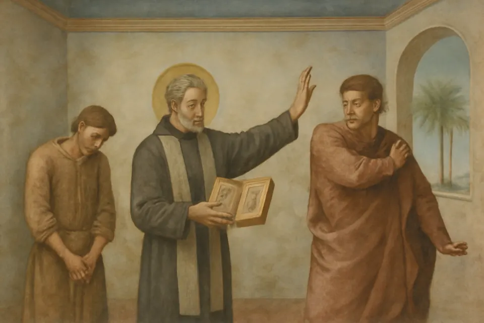 Fresco-style scene of a bishop in plain vestments pleading with an angry creditor while a poor debtor stands with bowed head