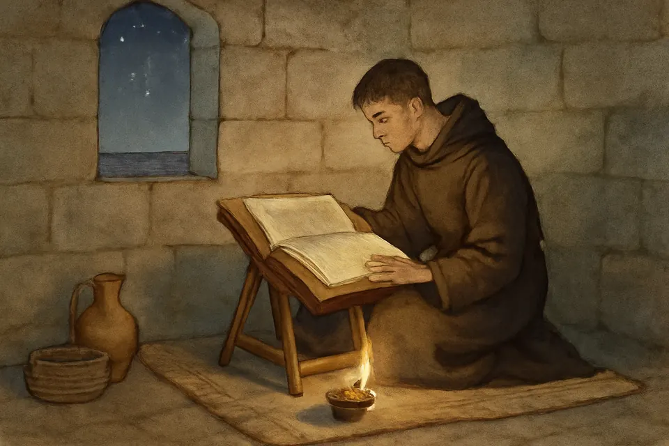 Watercolor-style scene of a young monk reading a large book by the light of a clay oil lamp in a bare stone cell