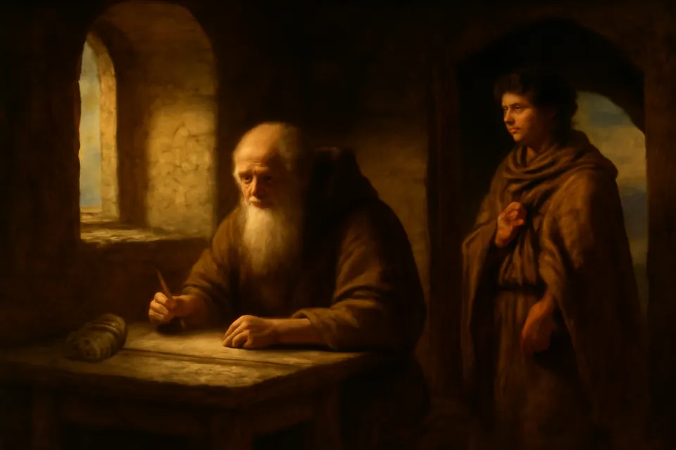 Oil-painting-style scene of an old monk writing a letter on papyrus at a rough table in a stone cell, with a young messenger waiting at the door