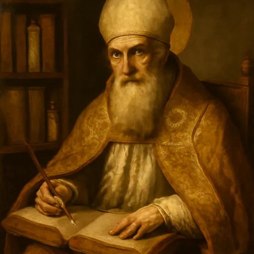 Oil-painting-style portrait of St. Isidore of Seville as an elderly bearded bishop in a white miter and gold cope, seated with a large open book on his knees