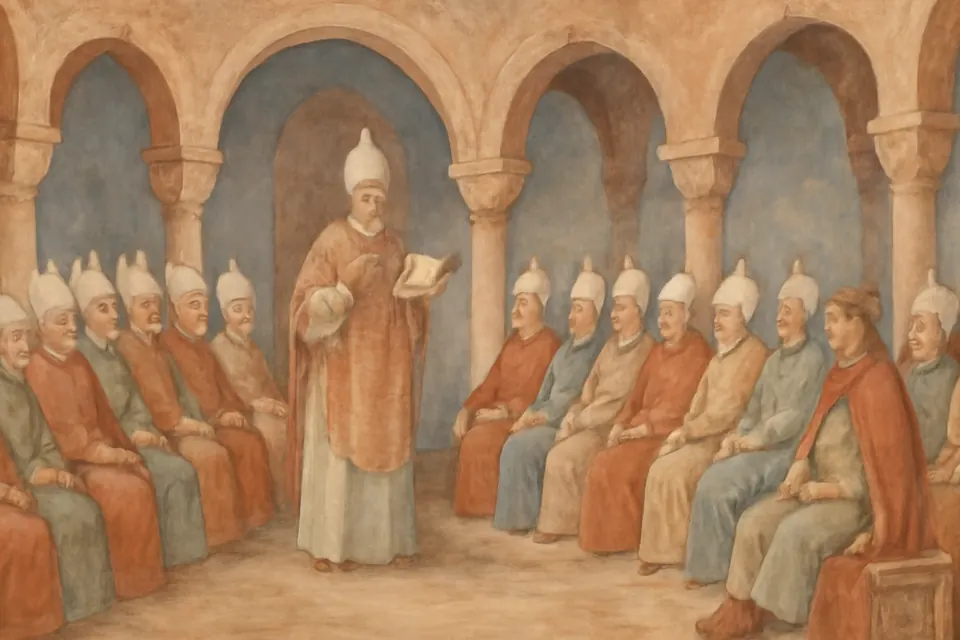 Fresco-style illustration of the elderly Isidore presiding over the bishops of Spain at the Fourth Council of Toledo in 633