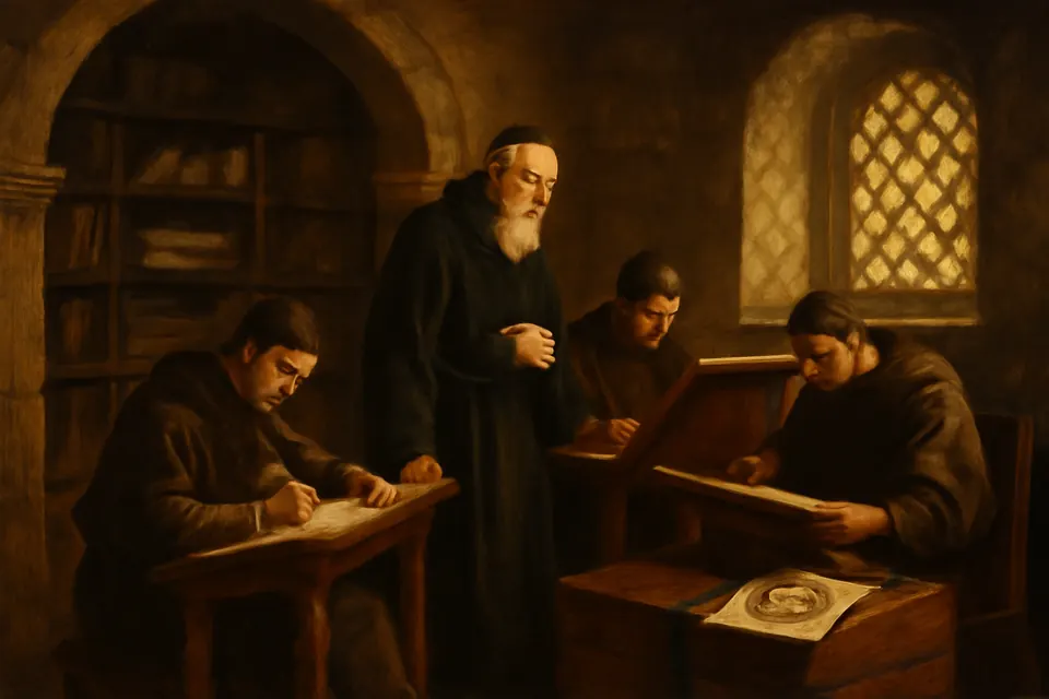 Illustration of Bishop Isidore dictating to scribes at desks in a scriptorium in Seville, surrounded by scrolls and books