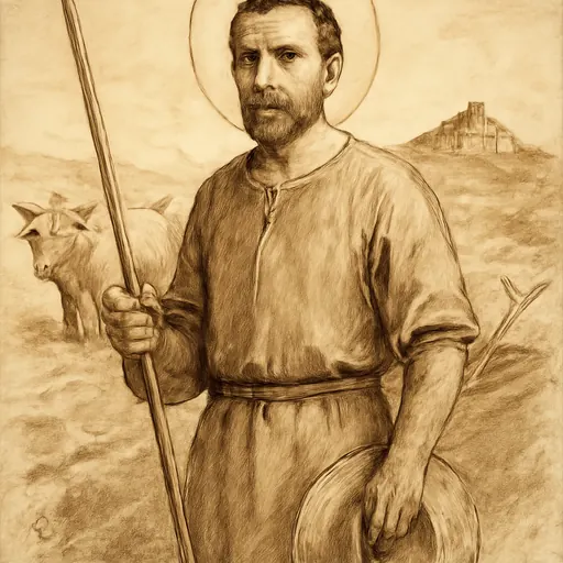 Oil-painting-style portrait of St. Isidore the Farmer as a bearded Spanish farmhand in a brown tunic, holding an ox goad, with a plow and oxen behind him