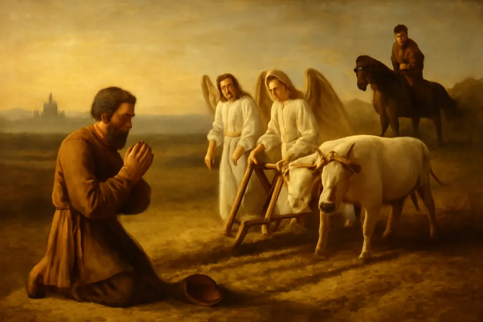 Illustration of a farmhand kneeling in prayer at the edge of a field while two angels guide a plow pulled by white oxen
