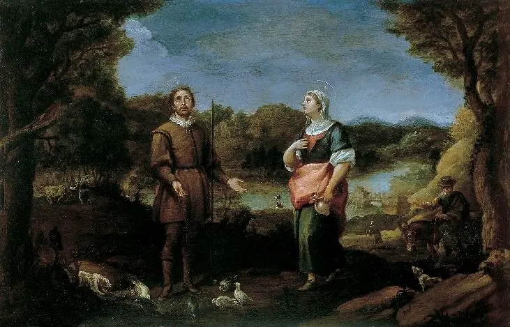 Painting of a farmhand with a goad and his wife with a jug standing in a green landscape, both with faint halos, with oxen and a plowman in the background