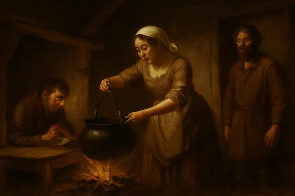 Illustration of a peasant woman lifting a heavy iron pot from the hearth to serve a ragged traveler, while her husband watches
