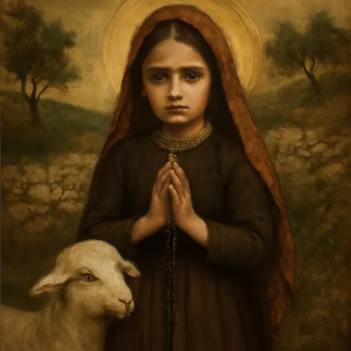 Oil-painting-style portrait of St. Jacinta Marto as a small Portuguese peasant girl in a patterned head scarf, hands joined around a rosary, with a lamb at her side