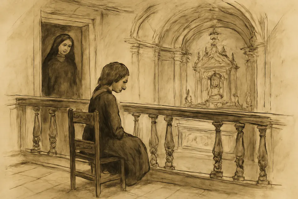 Ink drawing of a frail little girl sitting on a small chair in a church choir loft, looking down toward the altar and tabernacle