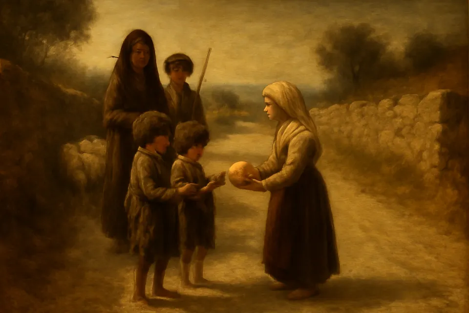 Oil-painting-style illustration of a little shepherd girl handing her bread to two poor barefoot children on a country road in Portugal