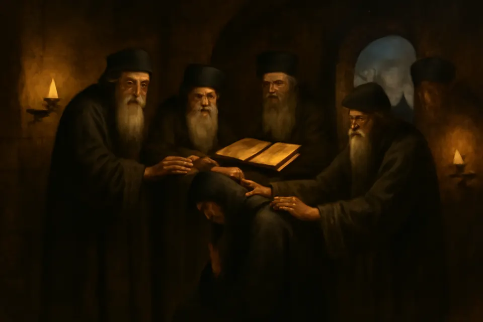 Oil-painting-style scene of exiled bishops laying hands on a kneeling monk in a plain stone room inside a palace in Constantinople