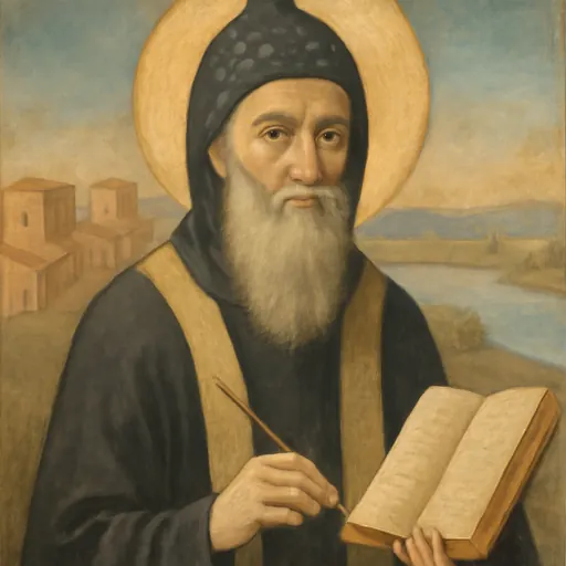 Fresco-style portrait of St. Jacob of Serugh as an elderly Syriac bishop with a long white beard and a dark pointed hood, holding an open book of homilies