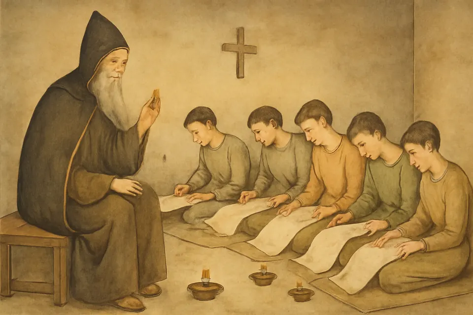 Watercolor-style scene of an old bishop in a dark hood dictating verse to several young scribes writing on scrolls in a mud-brick room