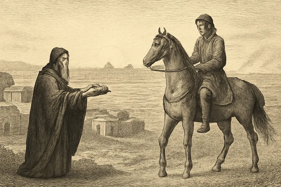 Engraving-style scene of a country bishop handing sealed letters to a rider at dawn, with a walled city and distant army camp on the plain