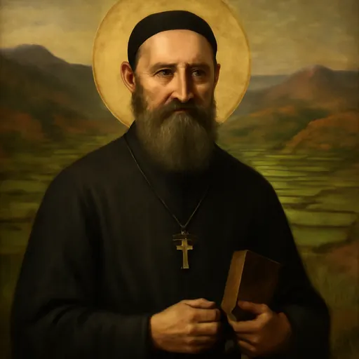 Oil-painting-style portrait of St. Jacques Berthieu, a bearded Jesuit priest in a black cassock and skullcap, holding a rosary and a small catechism