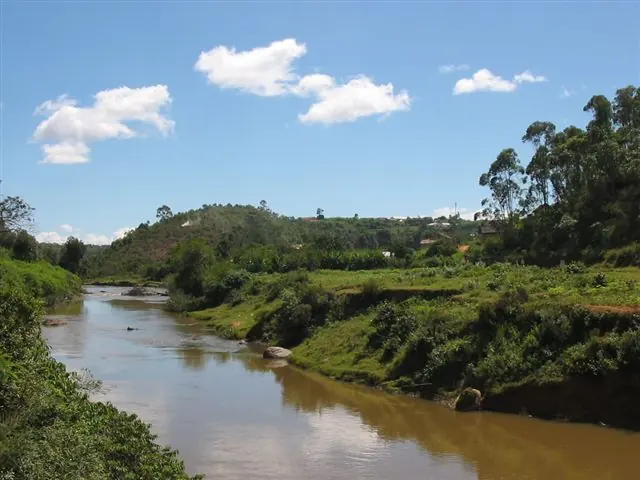 Brown river flowing between green banks and trees under a blue sky with small white clouds