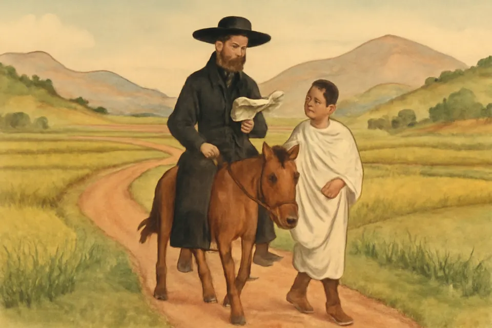 Watercolor-style illustration of a bearded missionary priest on horseback on a red-earth track in the Madagascar highlands, reading an open catechism while a young teacher walks beside him