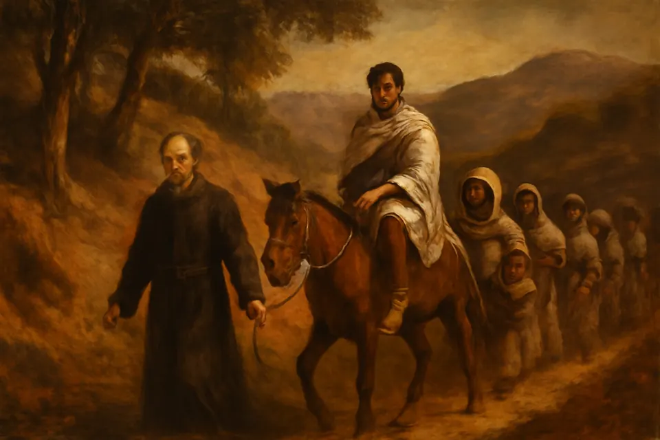 Oil-painting-style scene of an elderly missionary priest leading his horse on foot, with a young Malagasy man with a bandaged foot riding in the saddle, among a column of refugees
