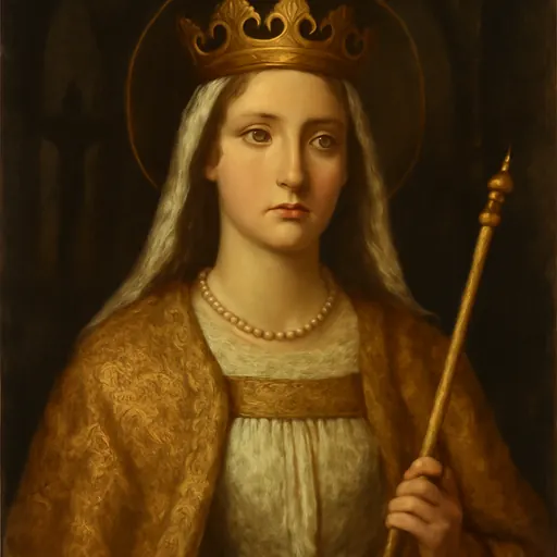 Oil-painting-style portrait of St. Jadwiga of Poland, a fair young queen with a gold crown over a white veil and a gold brocade mantle, holding a wooden scepter
